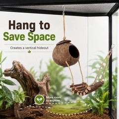 Reptile Hide Coconut Cave, Natural Hanging Shell Hut with Rope Ladder for Cre…