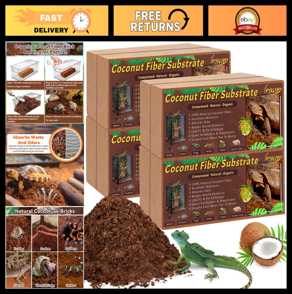 8 Pack Coconut Fiber Substrate – Natural Coco Coir Bedding for Reptiles, Turtles