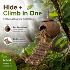 Reptile Hide Coconut Cave, Natural Hanging Shell Hut with Rope Ladder for Cre…