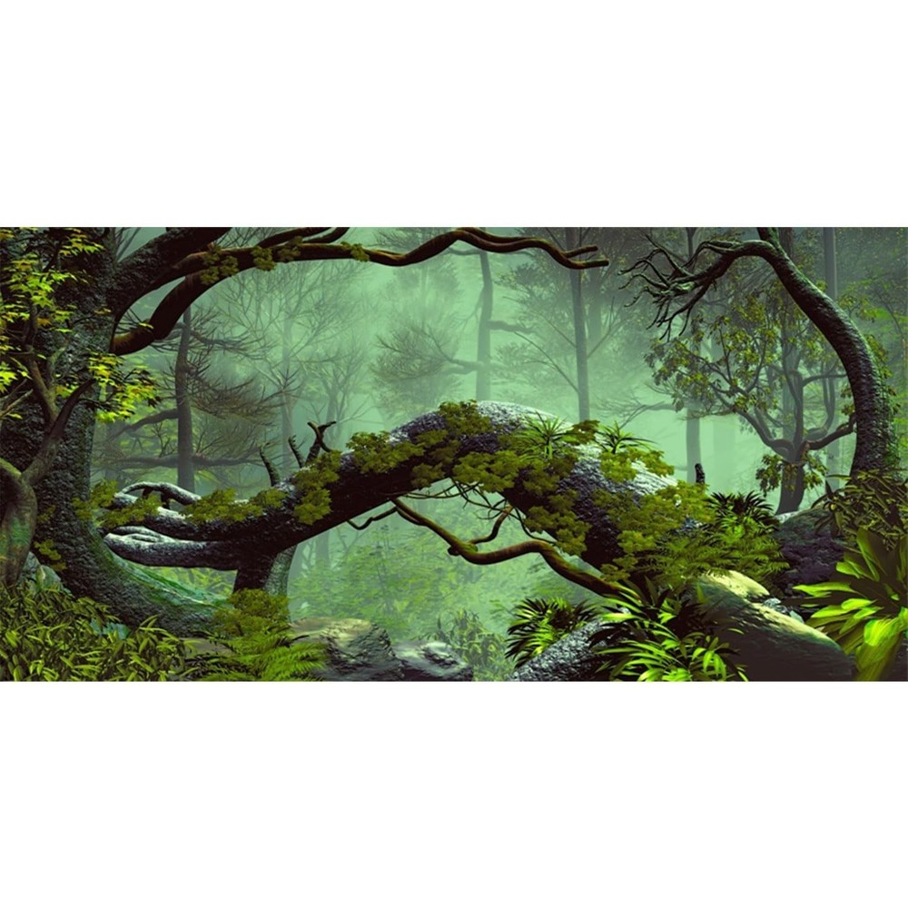 AWERT 72×24 inches Foggy Forest Terrarium Background Stone Green Tree Tropica…