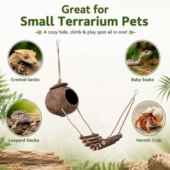 Reptile Hide Coconut Cave, Natural Hanging Shell Hut with Rope Ladder for Cre…
