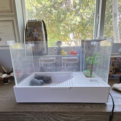 Clear Acrylic Reptile Enclosure Terrarium w/ White Base, Rocks, Plant Decor