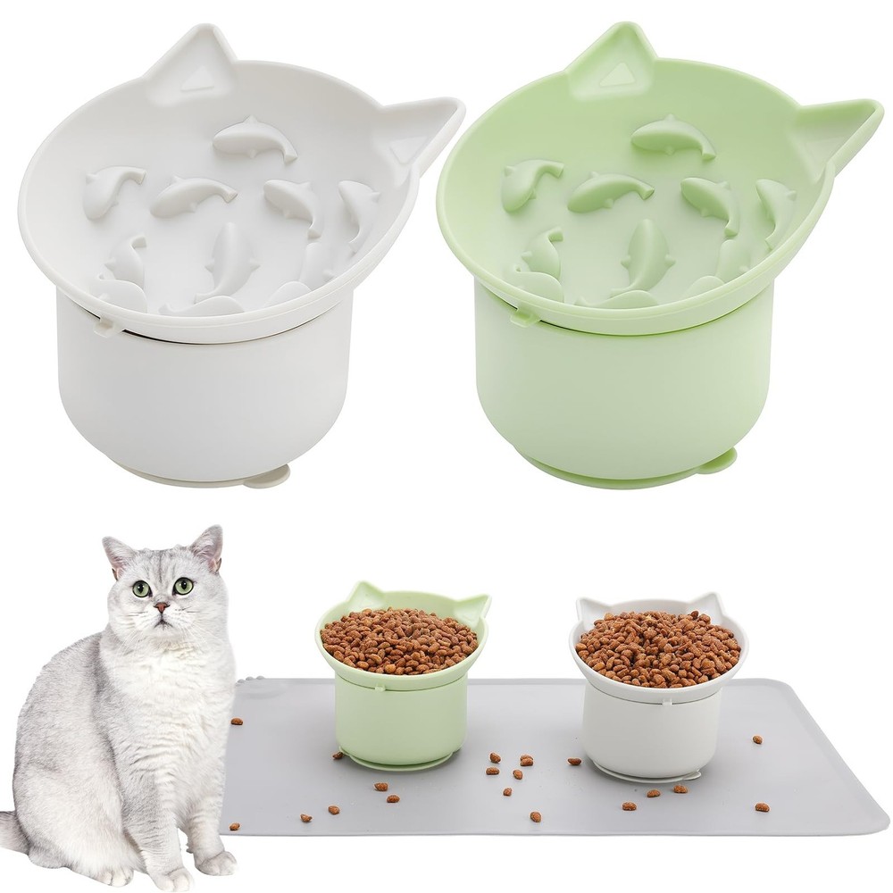 2 Pack Slow Feeder Cat Bowls Silicone Tilted Raised Pet Bowl with Non Slip Ba…