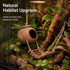 Reptile Hide Coconut Cave, Natural Hanging Shell Hut with Rope Ladder for Cre…