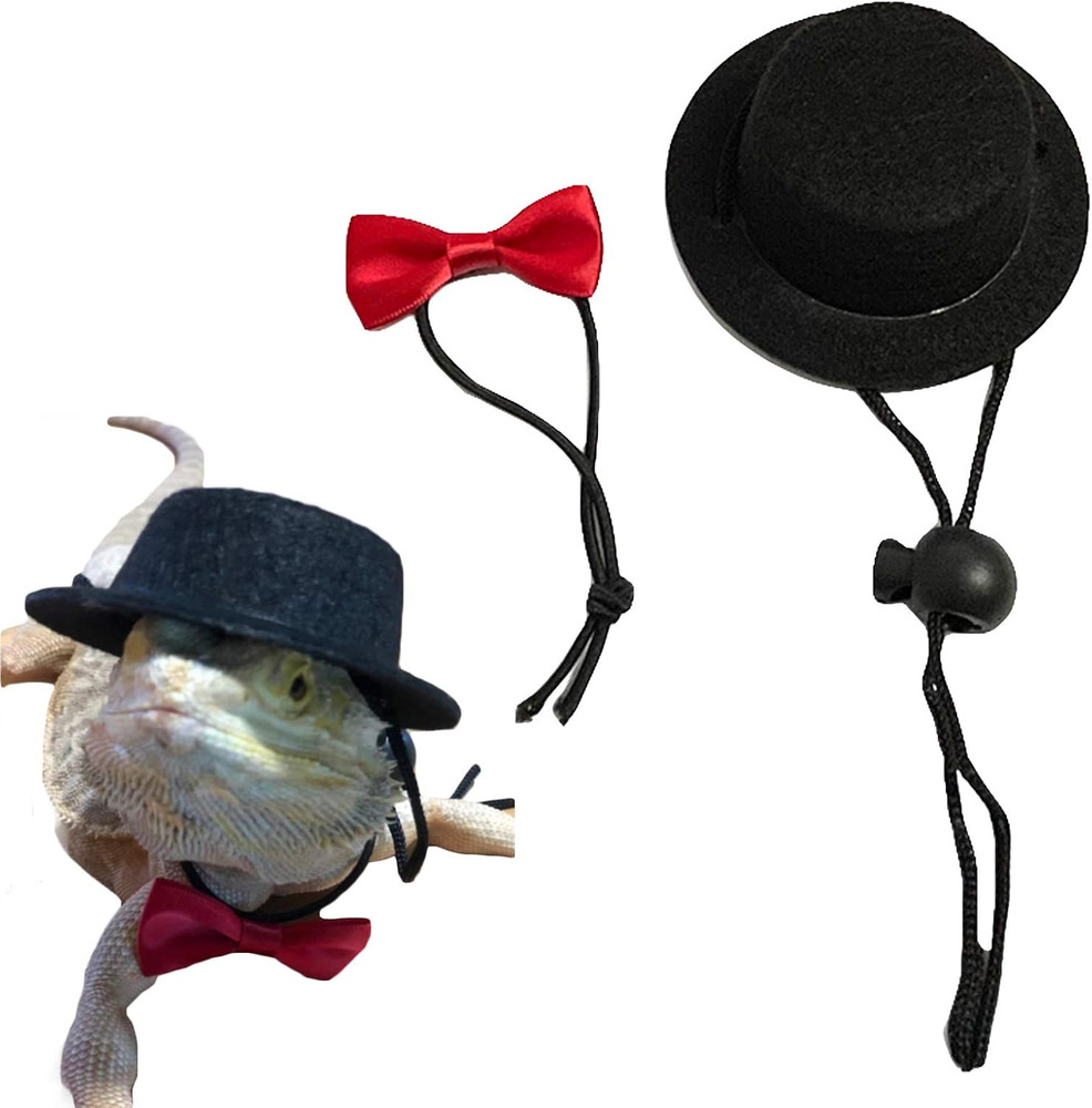 2PCS Valentine’S Day Bearded Dragon Lizard Hat and Bowtie Reptile Black Hat with