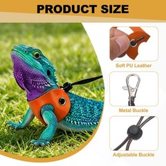 3Pcs Bearded Dragon Lizard Leash Harness Soft Leather S/M/L Orange