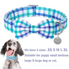 Dog Collar Bow Tie Cotton Metal Buckle Blue Grid Gift Medium Pet Neck Strap
