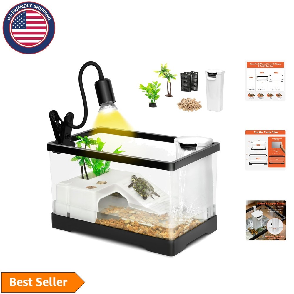 All In One Turtle Tank Kit – Complete 4.6 Gallon Habitat with UVB Lamp & Sile…
