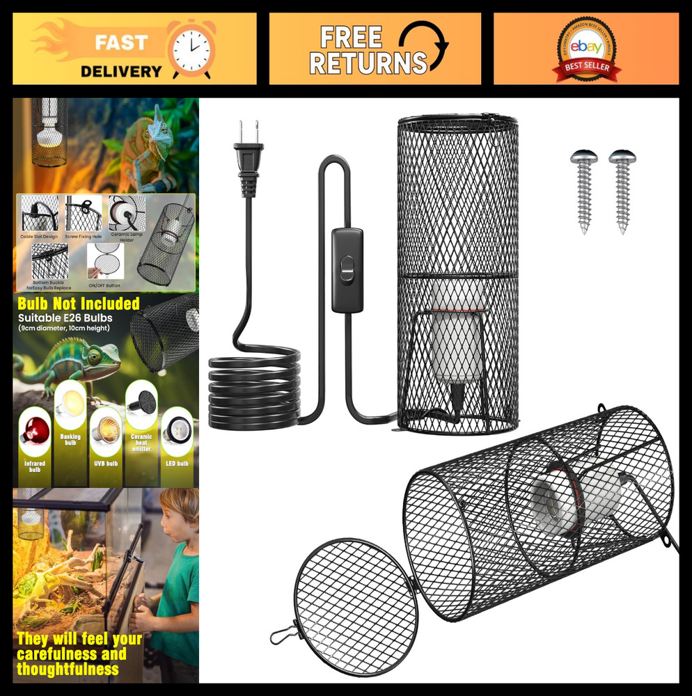 2Pack Reptile Heat Lamp Guard with 150W E26 Holder, Anti-Scald Mesh Cage, ON/OFF