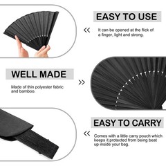 Quacc Black Folding Hand Held Fan Light Strong Thin Fabric Chinese Handheld T…