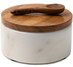 Cork & Mill White Marble Salt Cellar with Acacia Wood Lid and Spoon – Elegant…