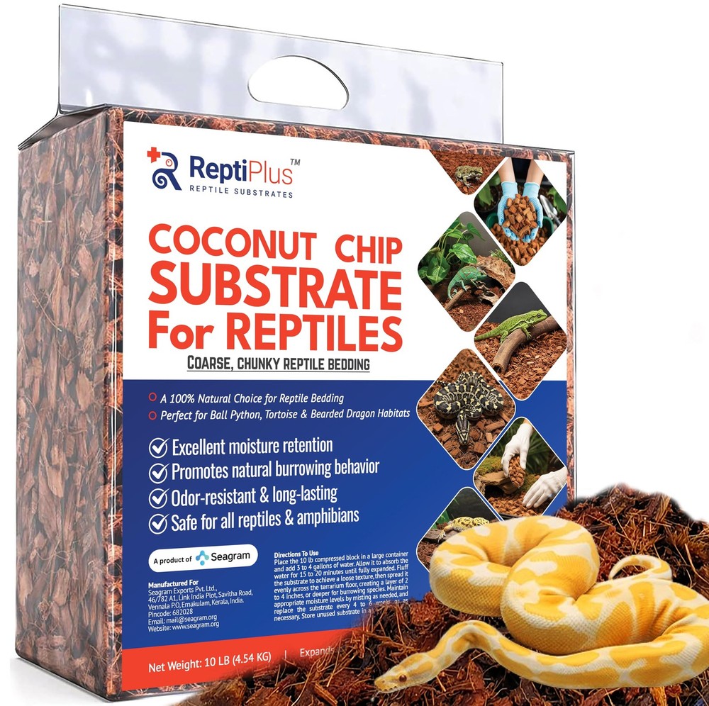 Coconut Chip Substrate for Reptiles by ReptiPlus – 10 LB Compressed Block Expand
