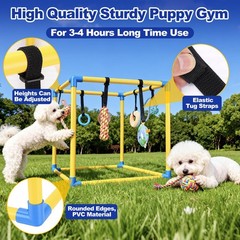 Dog Play Gym, PVC Frame with 8 Hanging Toys, Indoor Jungle Gym with Bungee St…