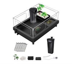 Small Turtle Tank, Aquarium,Acrylic Terrarium with Basking Platform,Black+Filter