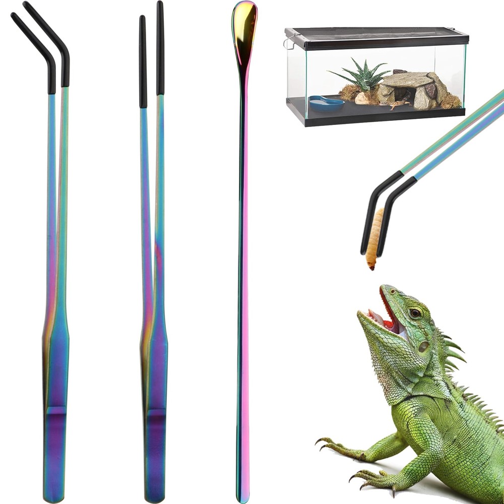 Voushtar 3-Pack Reptile Feeding Tongs Set with Spoon – 10.6 in, Colorful