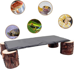 1Pc Reptile Basking Platform Slate Rock Hide Cave with Wooden Pile Small