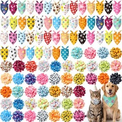 100 Pcs Paw Prints Dog Bandanas & Collar Flowers Set, Footprints Dog Triangle…