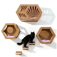 OLI GOODS Modern Hexagonal Cat Wall Shelf System, 6-Piece Wood Wall Mounted C…