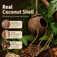 Reptile Hide Coconut Cave, Natural Hanging Shell Hut with Rope Ladder for Cre…