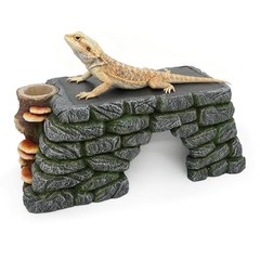 3-in-1 Bearded Dragon Basking Platform & Hideout, Reptile Cave with Food Bowl, T
