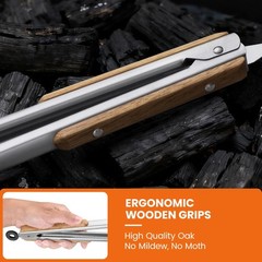 17-Inch Grill Tongs – Locking Metal Tongs with Oak Wood Handles,Stainless Ste…