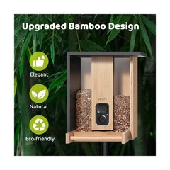 Smart Bird Feeder w/ Camera Solar 2K Live Stream AI Detect Wood