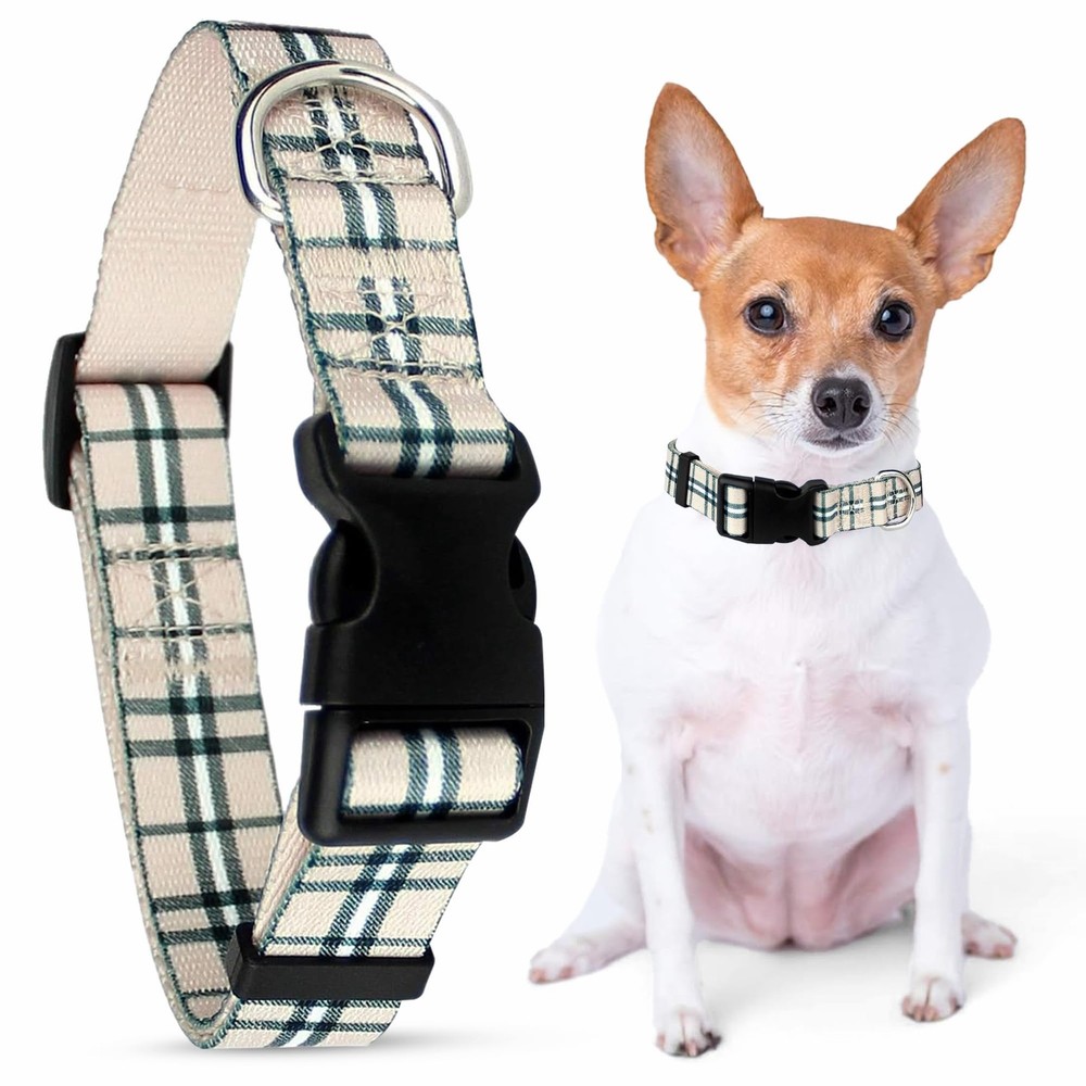 Plaid Dog Collar – Adjustable Scottish Khaki Pet Collar with Secure Buckle an…