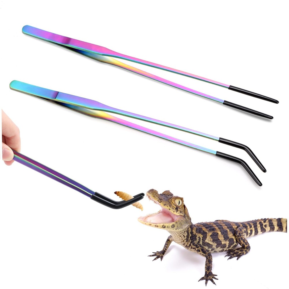 2PCS Stainless Steel Reptile Feeding Tongs with Rubber Tip, 10.6″, Colorful