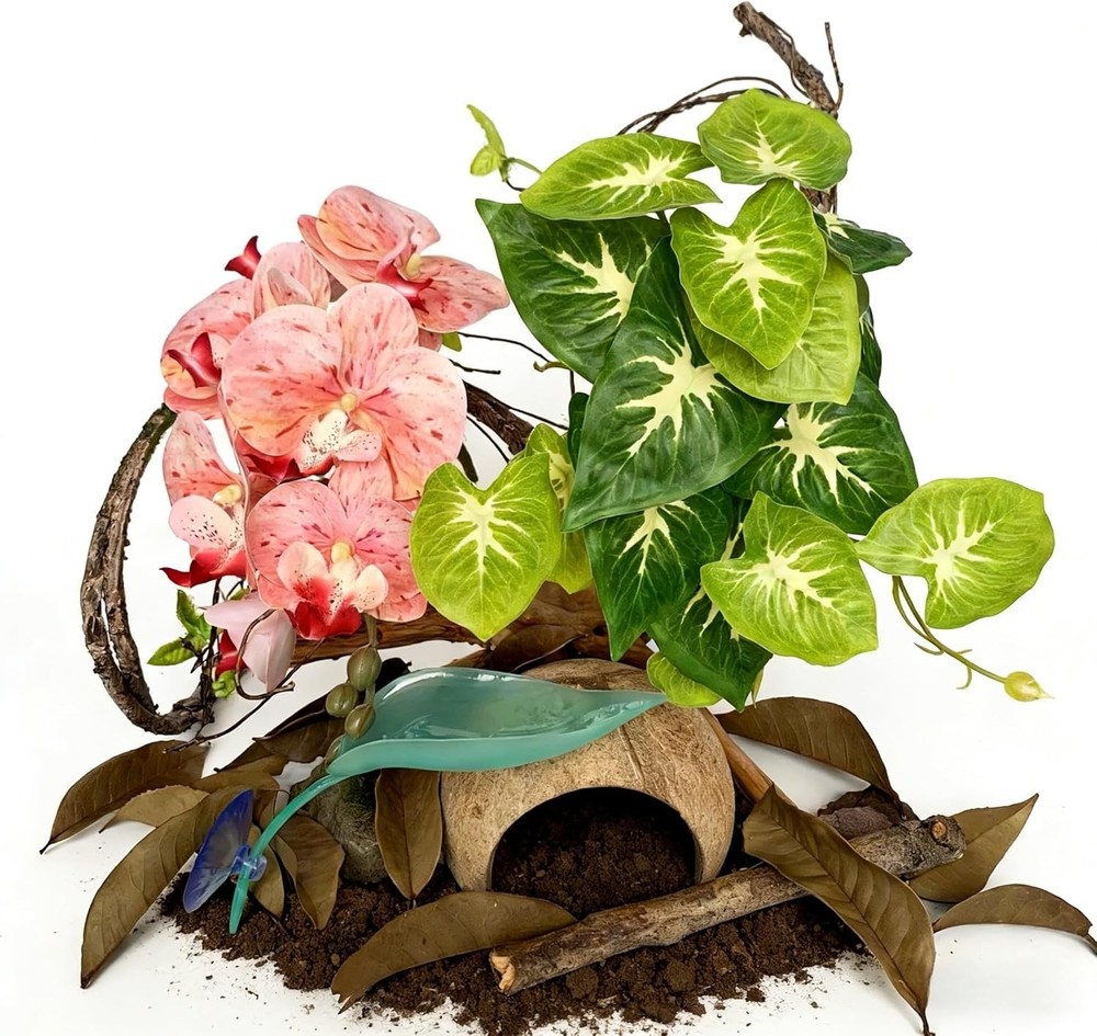 5PCS Crested Gecko Tank Decor Kit – Orchid & Artificial Plants Rainforest