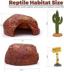 3-in-1 Desert Theme Reptile Rock Cave Hide Leopard Gecko Snake Moist Hideout