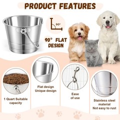 2 Set 1 Quart Stainless Steel Flat Side Bucket Durable Water Pails with Doubl…