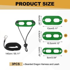 3Pcs Bearded Dragon Lizard Leash Harness Soft Leather S/M/L Green