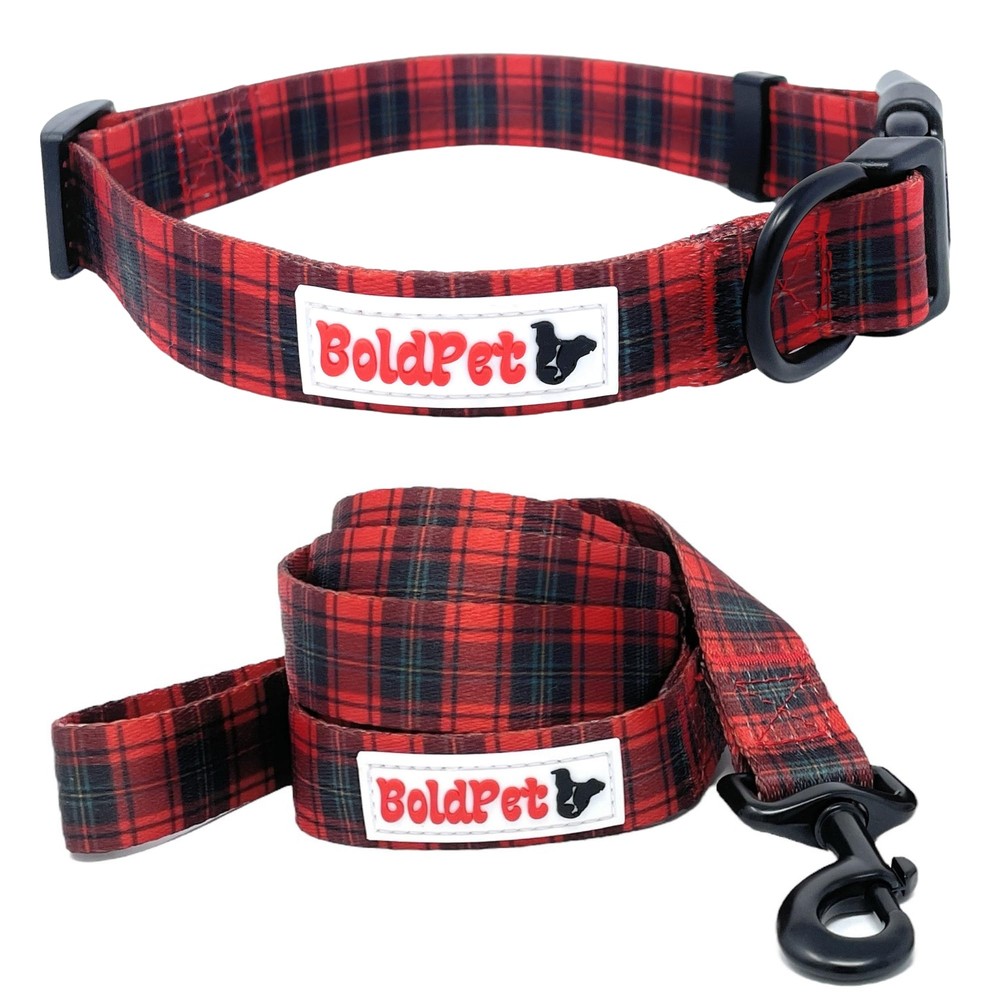 Christmas Dog Collar and Leash Set -Premium Polyester Material -Red Plaid Hol…