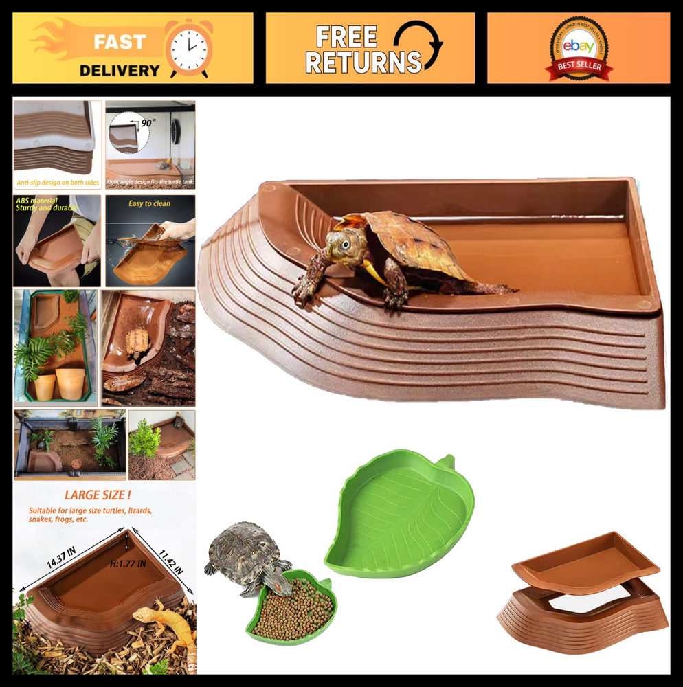 3PCS Tortoise Water Bowls with Ramp – Reptile Food & Bathing Dish for Gecko, Tur