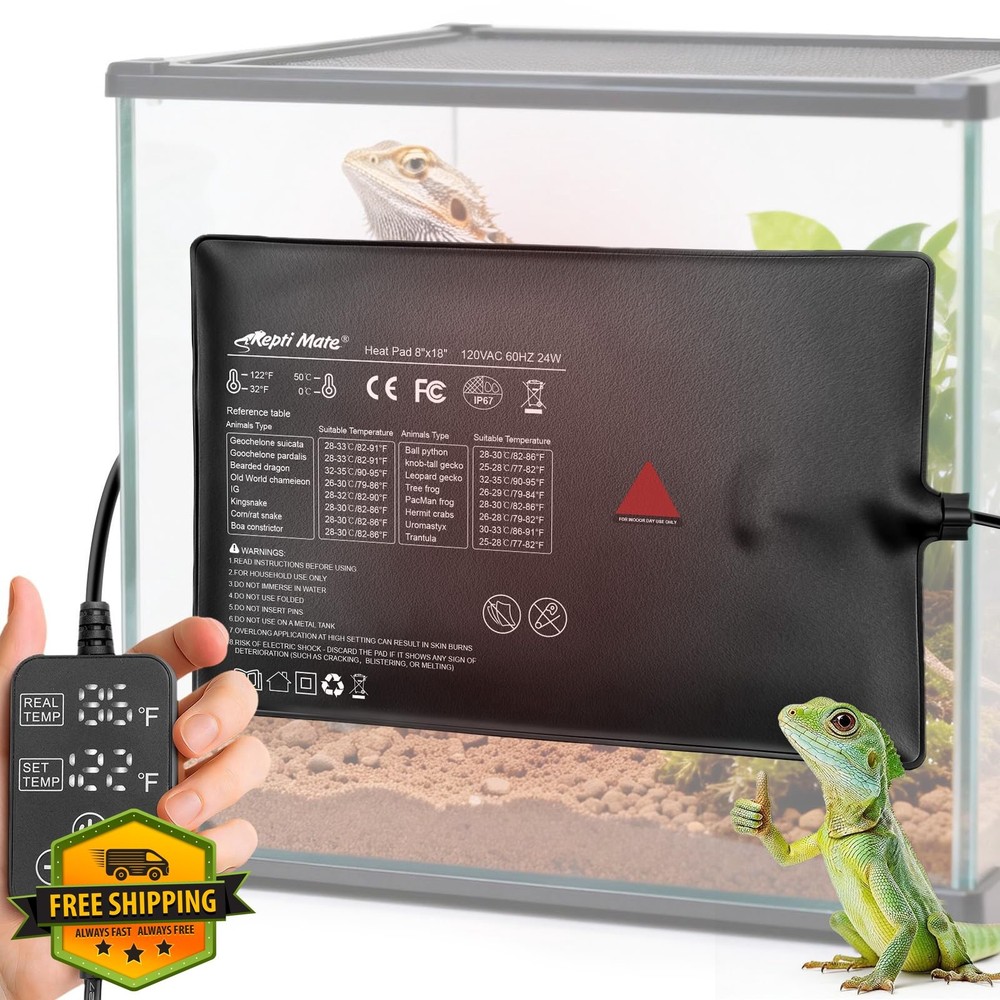 Reptile Heating Pad with Internal SensorandThermostat, 8″ x 18″ 24W Under Tan…