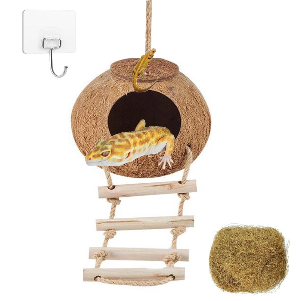 Crested Gecko Coconut Hide with Ladder Shell Natural,Reptile Coco Hut Cave Ha…