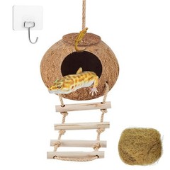 Crested Gecko Coconut Hide with Ladder Shell Natural,Reptile Coco Hut Cave Ha…