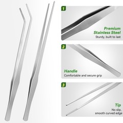 2-Pack 15 Inch Heavy Duty Stainless Steel Long Tweezers, Curved and Straight Des