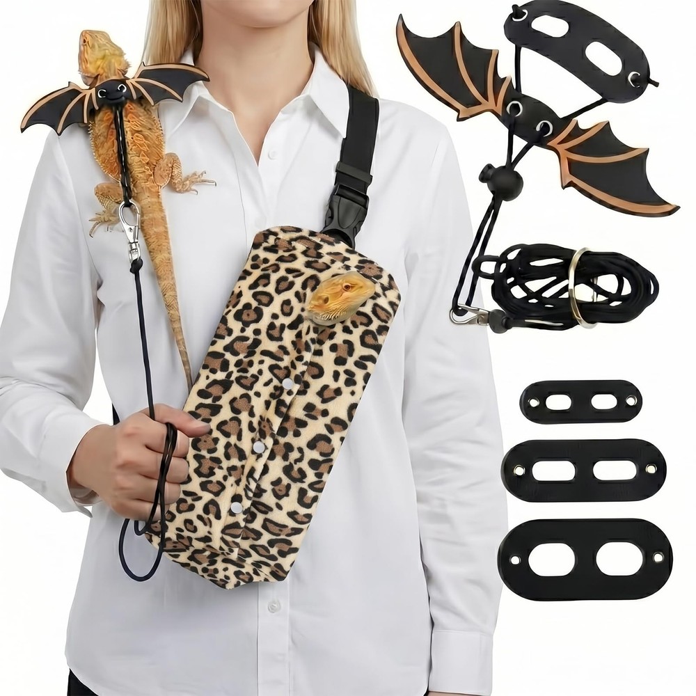Bearded Dragon Carrier Sling & Bat Wing Leash Harness Set, Soft Flannel Repti…