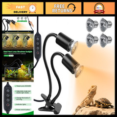Dual Head UVA UVB Reptile Heat Lamp with Timer, 360° Rotatable Basking Light, 4