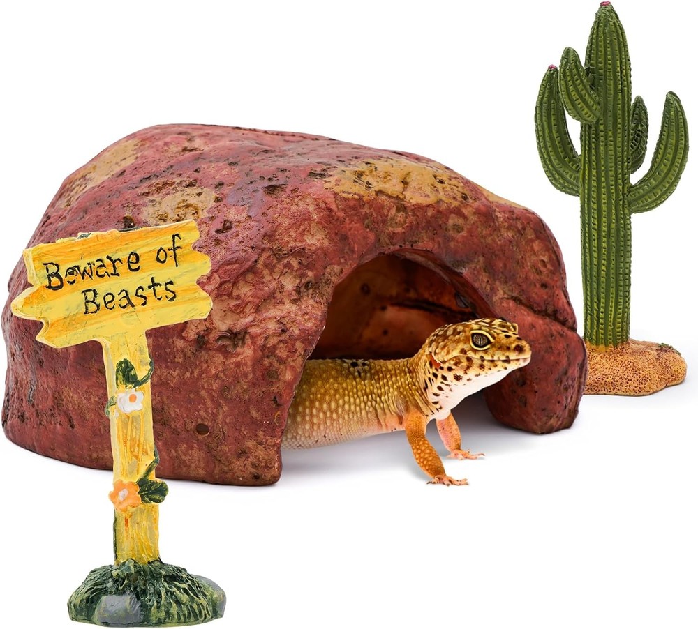 3-in-1 Desert Theme Reptile Rock Cave Hide Leopard Gecko Snake Moist Hideout