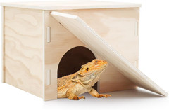 Large Bearded Dragon Hide Cave, Wooden Lizard Hideout with Climbing Ramp, Reptil
