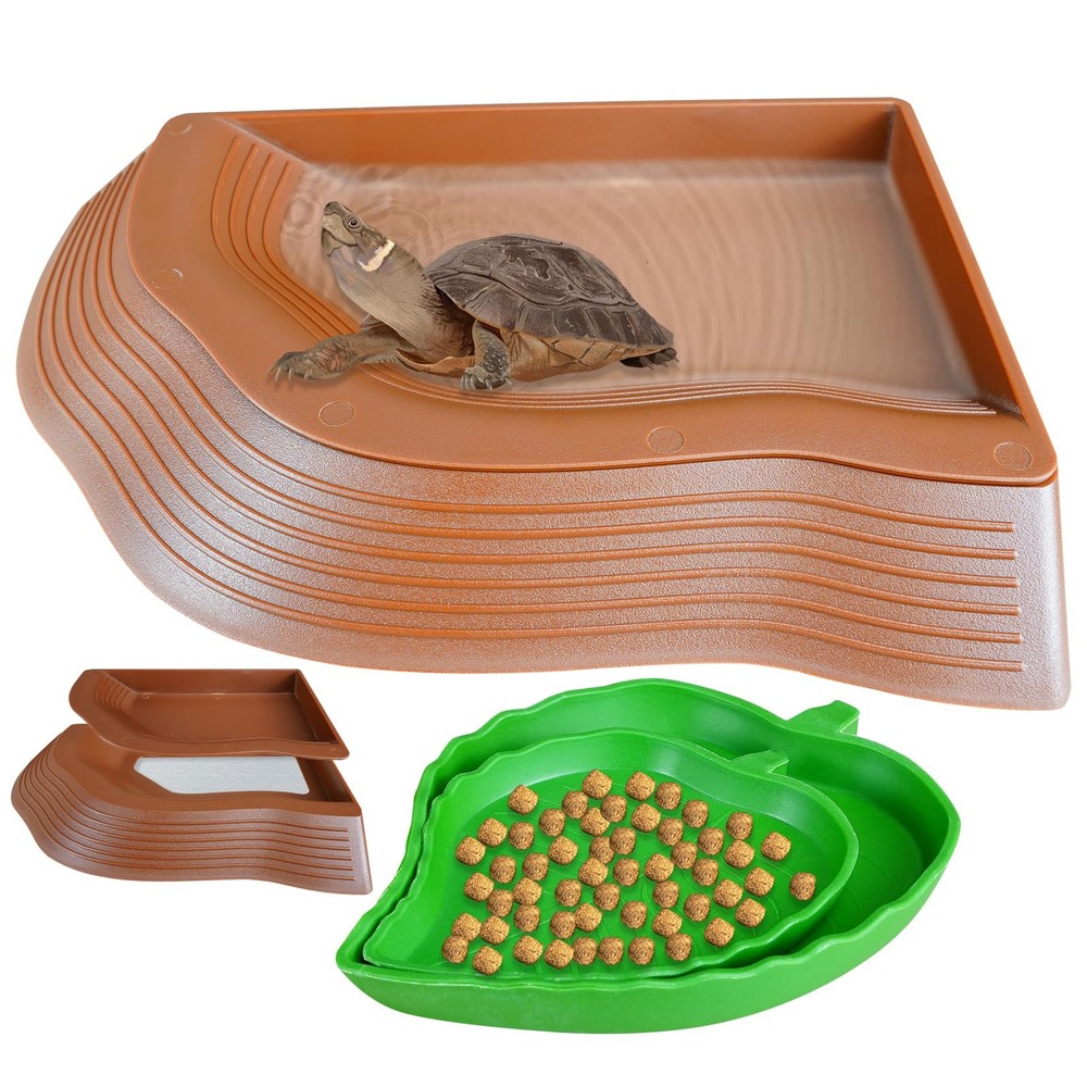 3PCS Tortoise Water Bowl with Ramp, Leaf Pool red-brown colour