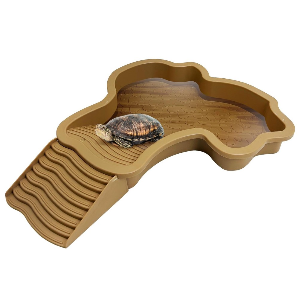 Reptile Bathing Pool Tortoise Water Dish Ramp & Leaf Food Bowl Yellow