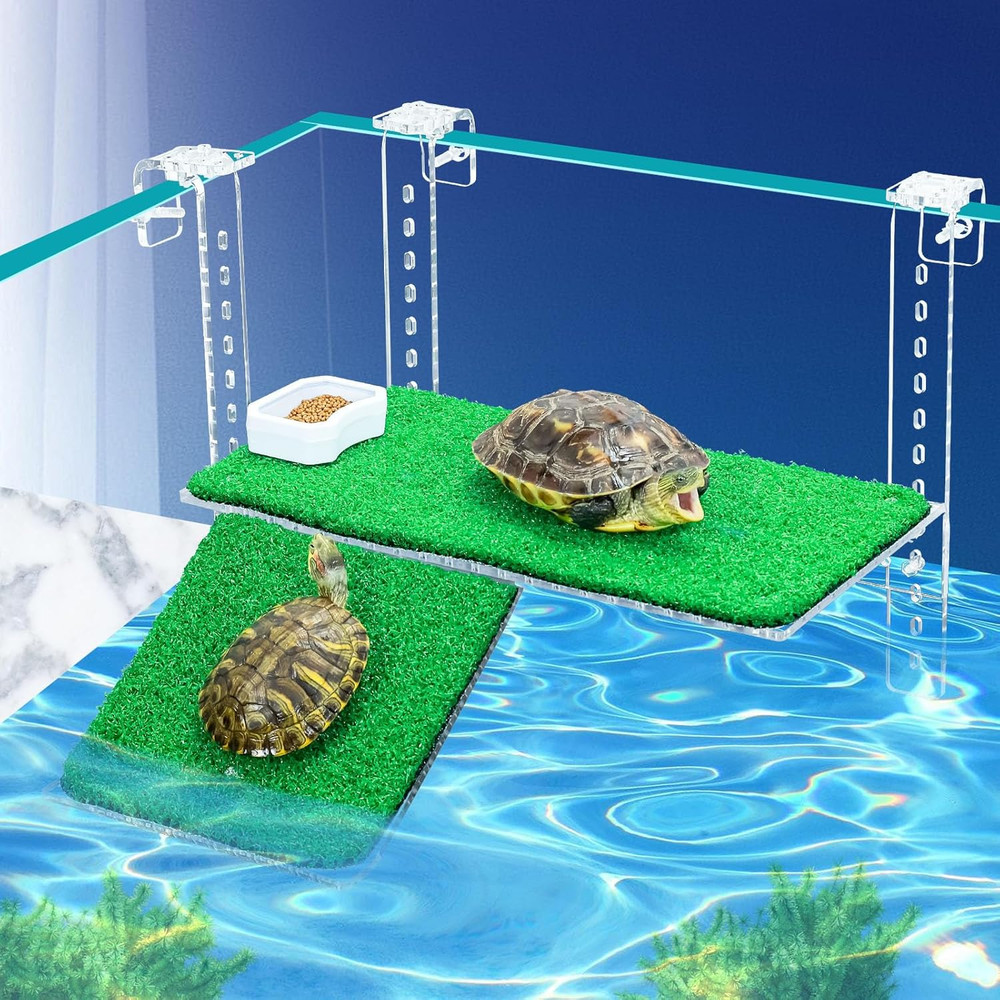 Turtle Basking Platform with Artificial Grass & Adjustable Ramp Non-Slip Large D