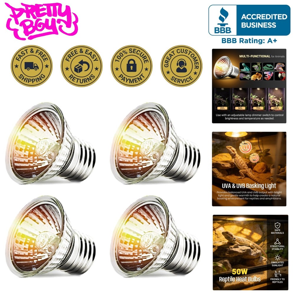 Versatile 50W UVA+UVB Bulbs for Reptilian Environments – 4 Pack for All Fixtures
