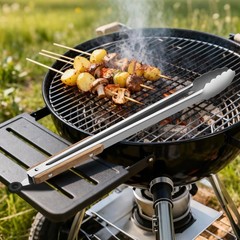 17-Inch Grill Tongs – Locking Metal Tongs with Oak Wood Handles,Stainless Ste…