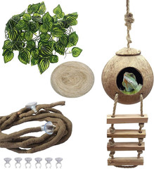 Coconut Shell Gecko Hideout with Ladder Natural Reptile Hut Cave Habitat Décor
