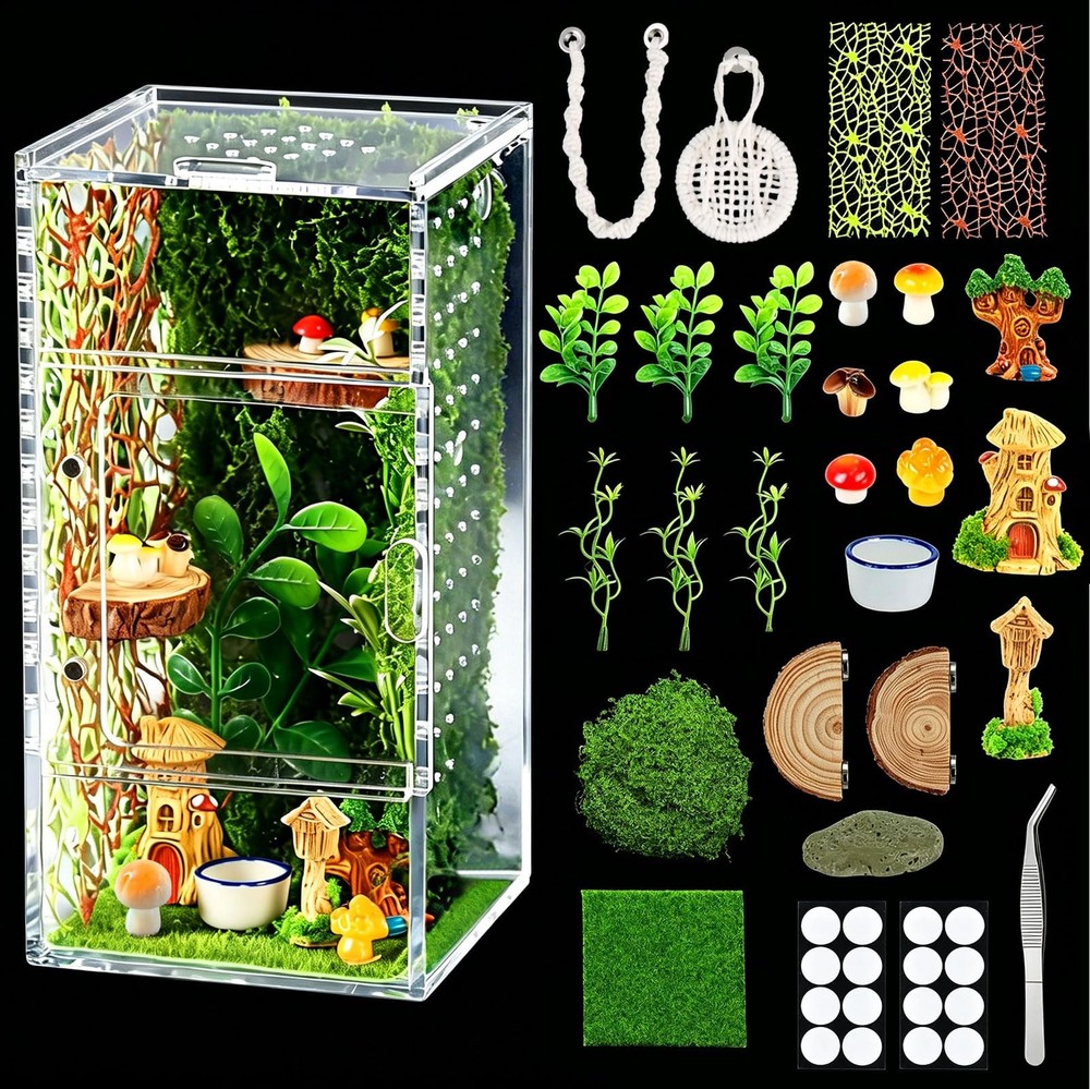 Jumping Spider Enclosure Kit, 4″ x 4″ x 8″ Escape Proof Praying Mantis Habita…