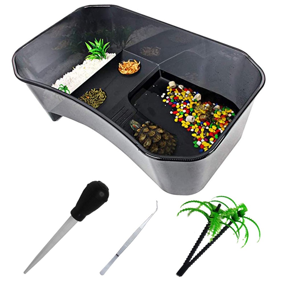 PINVNBY Plastic Turtle Tank Reptile Habitat Pet 15.7×9.1×5.1 Inches, Black